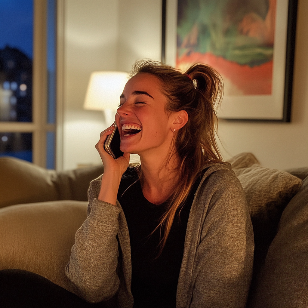 A woman laughing on a phone | Source: no source