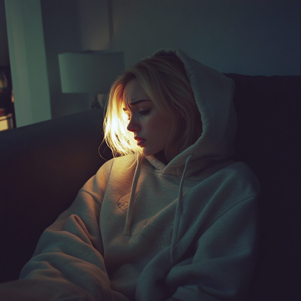 An upset woman sitting on a couch | Source: No source