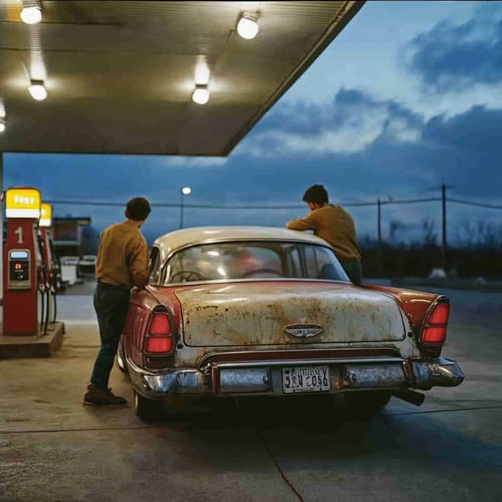 Men pushing an old car at a gas station | Source: no source
