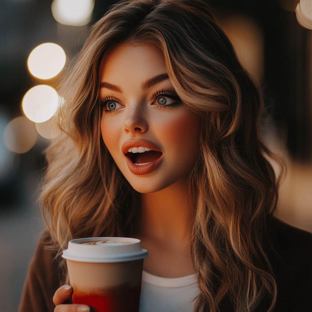 A startled woman holding a cup of latte | Source: no source