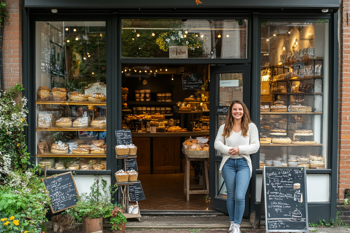 A delighted woman standing outside a bakery | Source: No source