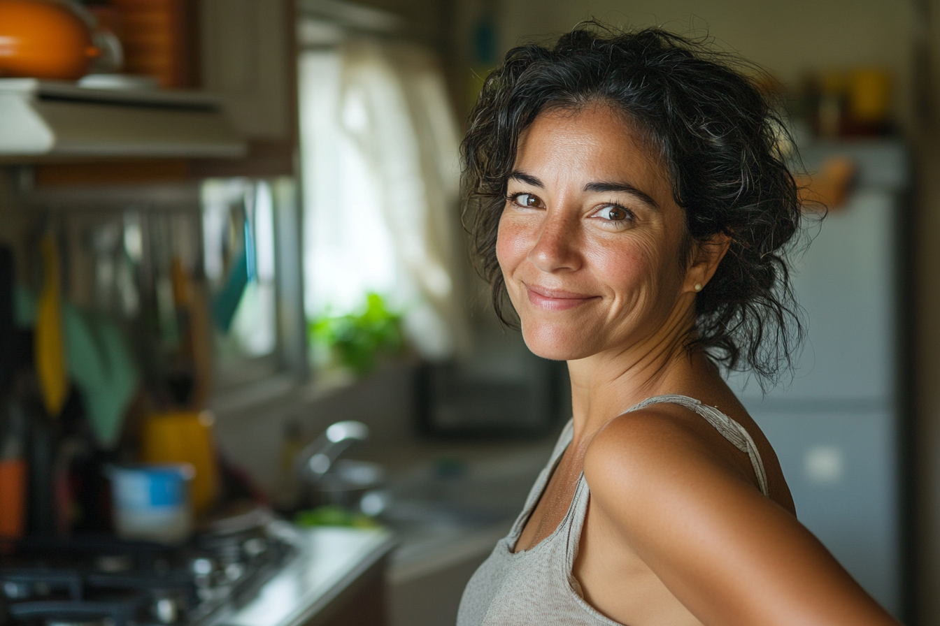 A woman in a kitchen smiling | Source: no source