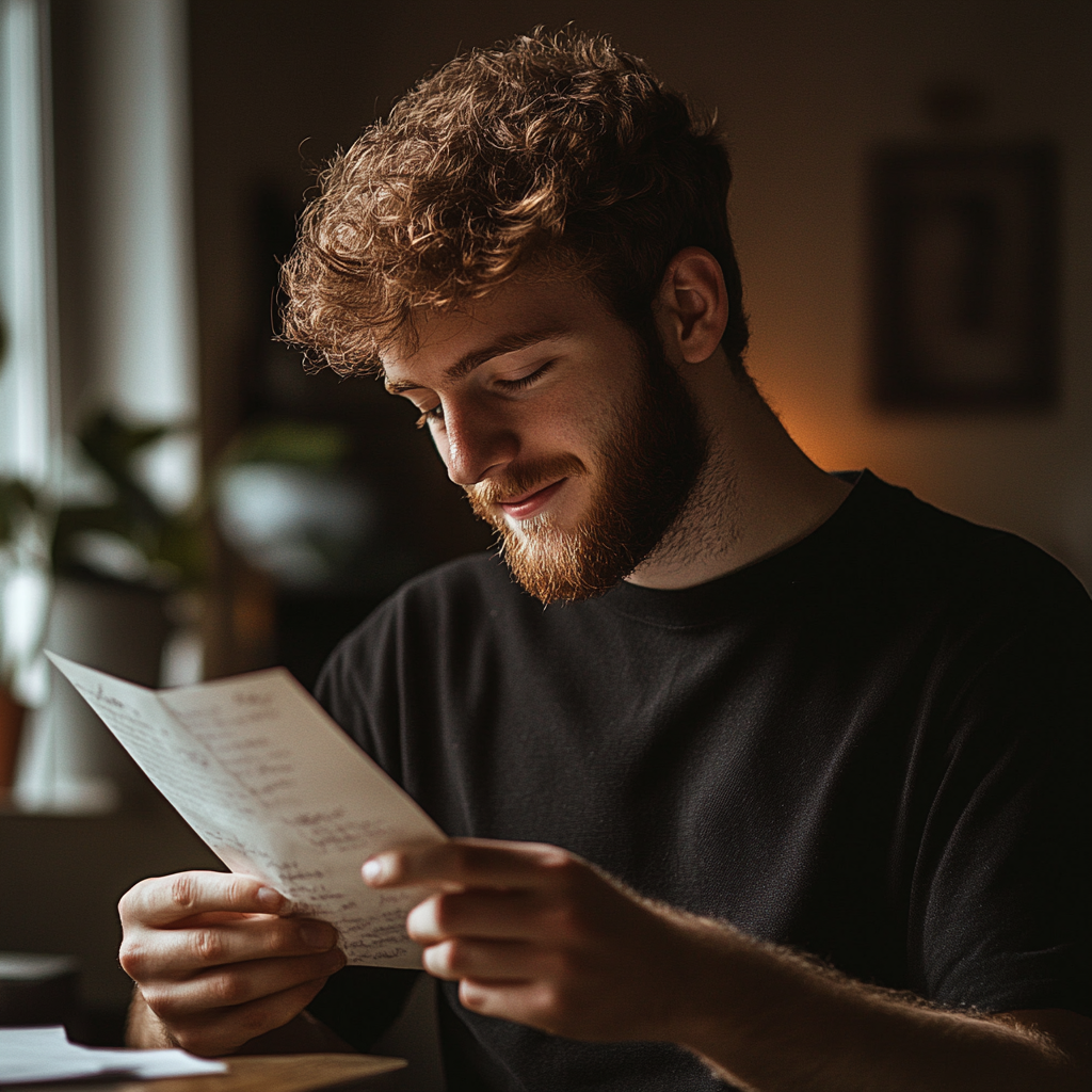 A smiling man reading a letter | Source: no source