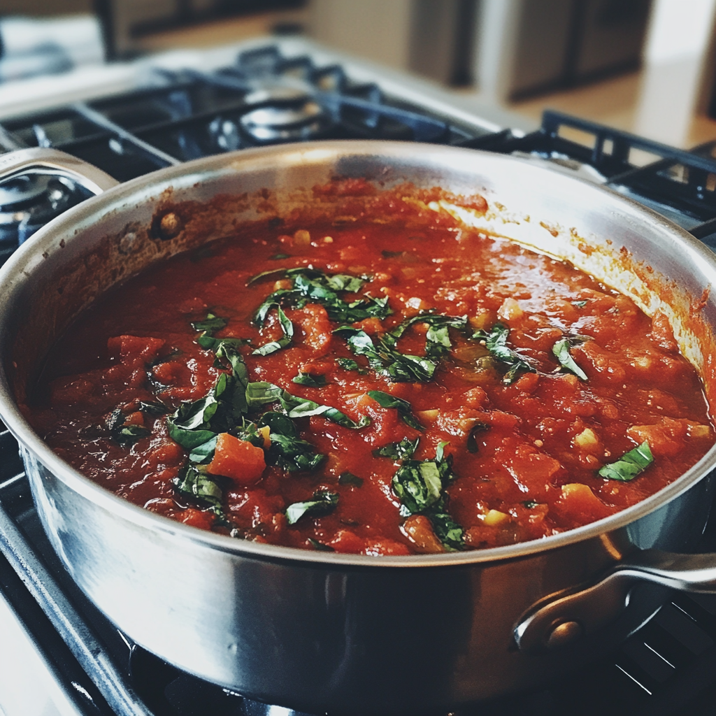 A pot of marinara sauce on a stove | Source: No source
