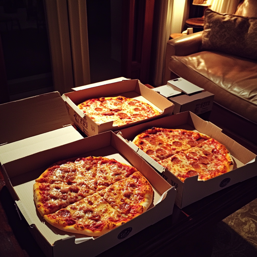 Boxes of pizza on a coffee table | Source: No source