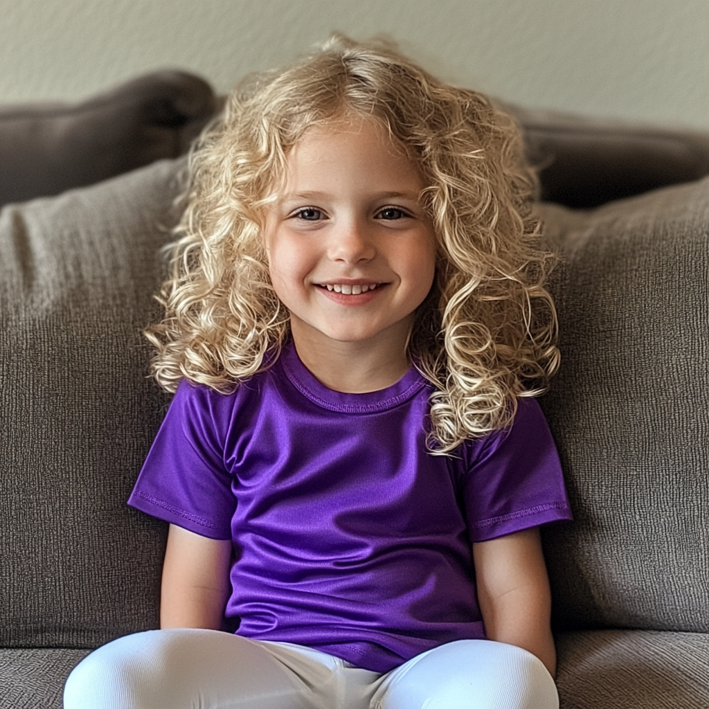 A smiling little girl sitting on a couch | Source: no source