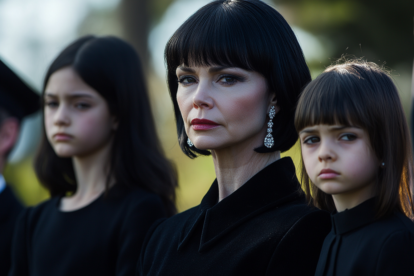 A sad woman with her two daughters sitting at an outdoor funeral | Source: No source