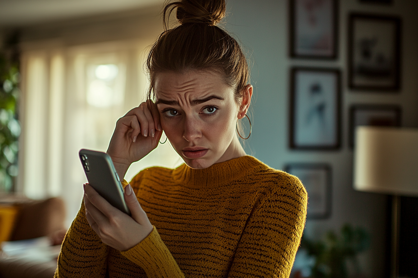 Woman in her 30s holding a phone and looking inconvenienced | Source: no source