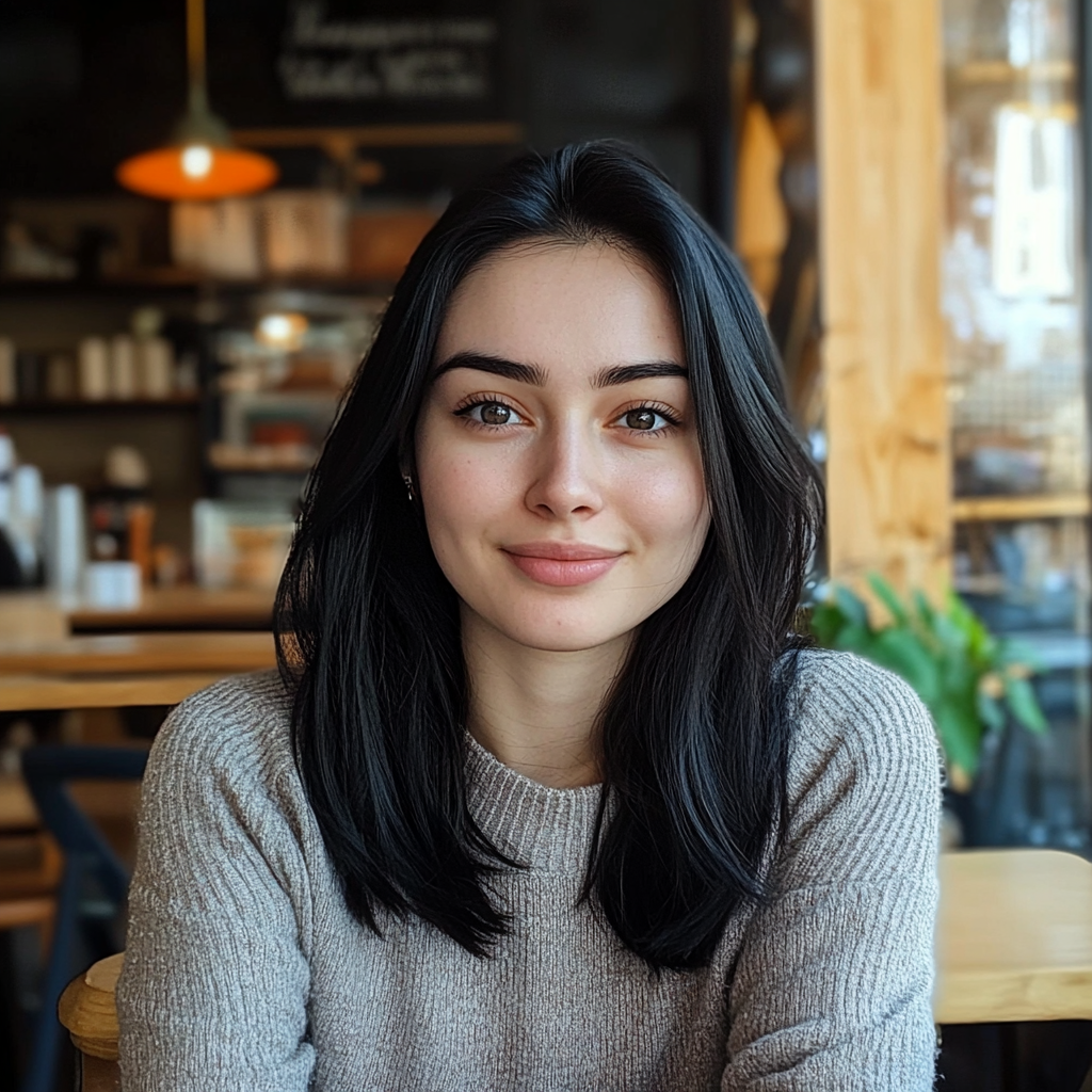 A woman in a coffeeshop smiling sadly | Source: no source