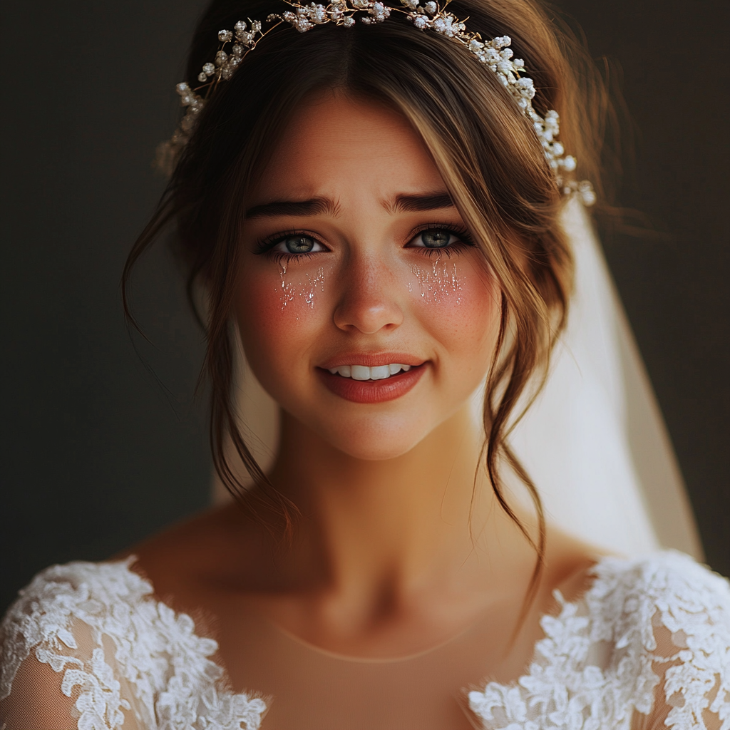 An emotional bride at her wedding reception | Source: No source