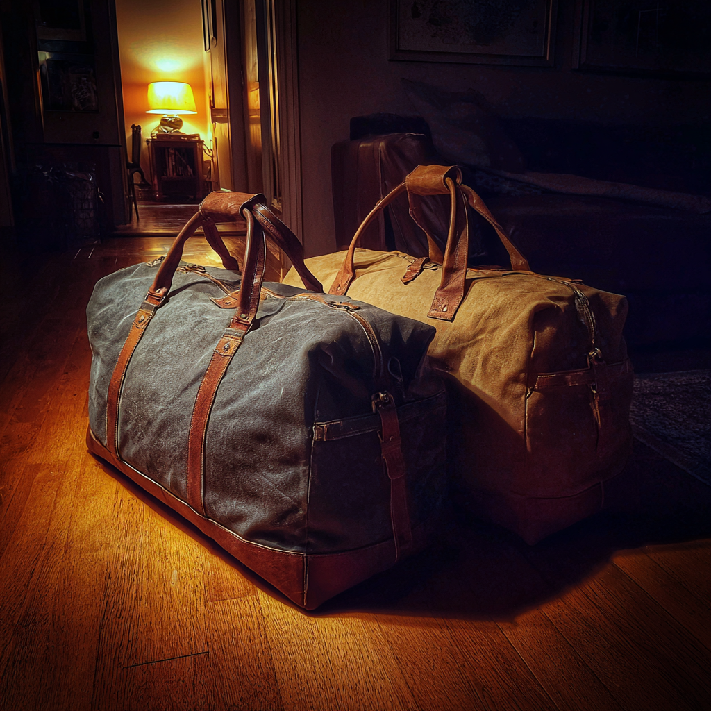 Packed duffel bags on a living room floor | Source: No source