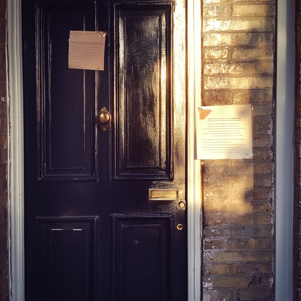 A piece of paper taped onto a front door | Source: no source