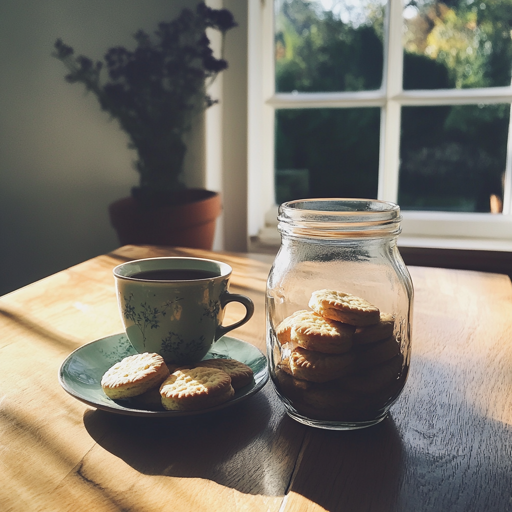 A jar of biscuits and a cup of tea | Source: No source