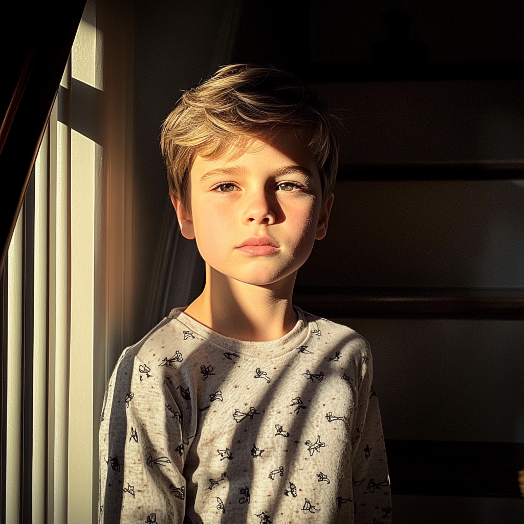 A little boy standing on a staircase | Source: no source