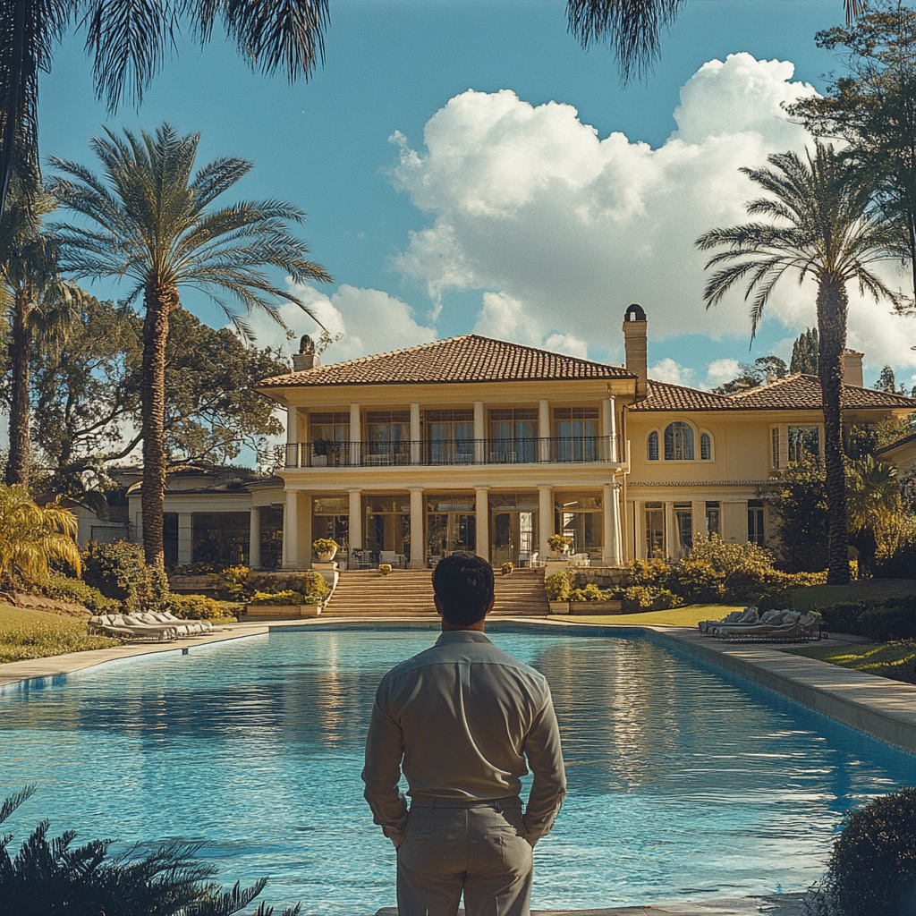 A man standing outside a mansion | Source: No source