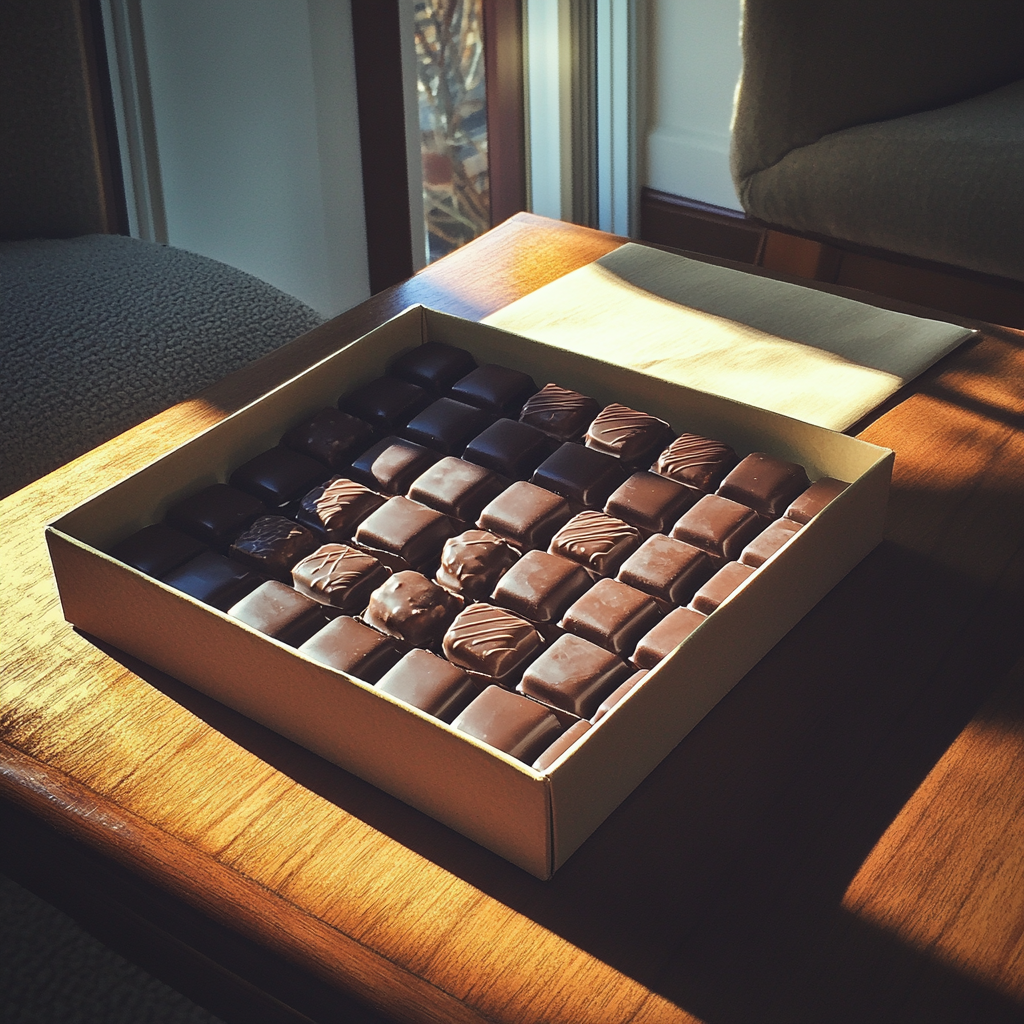 A box of chocolate on a coffee table | Source: No source