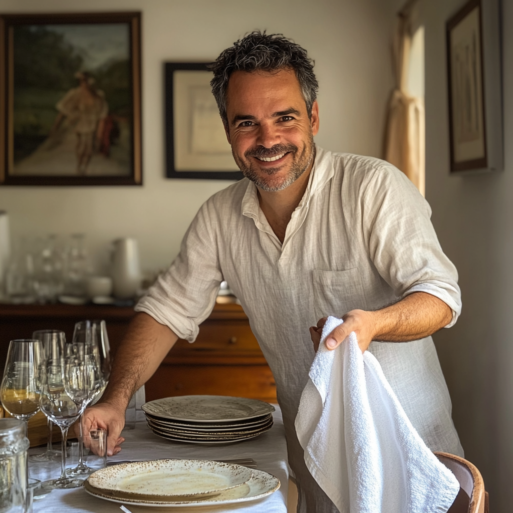 A smiling 40-year-old man with rolled-up sleeves and a towel over his shoulder setting the dining table | Source: no source