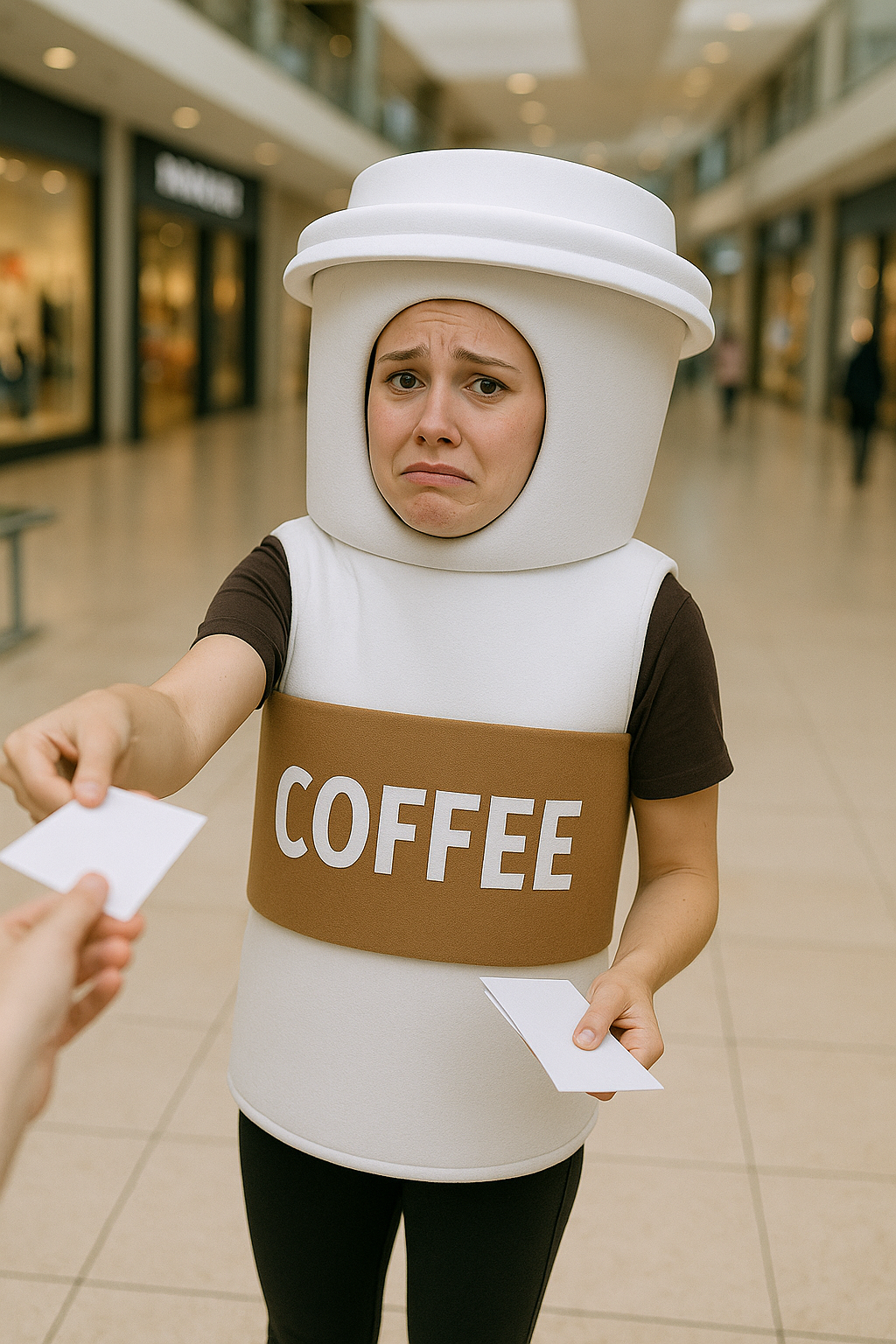 An embarrassed woman wearing a foam coffee cup costume | Source: no source