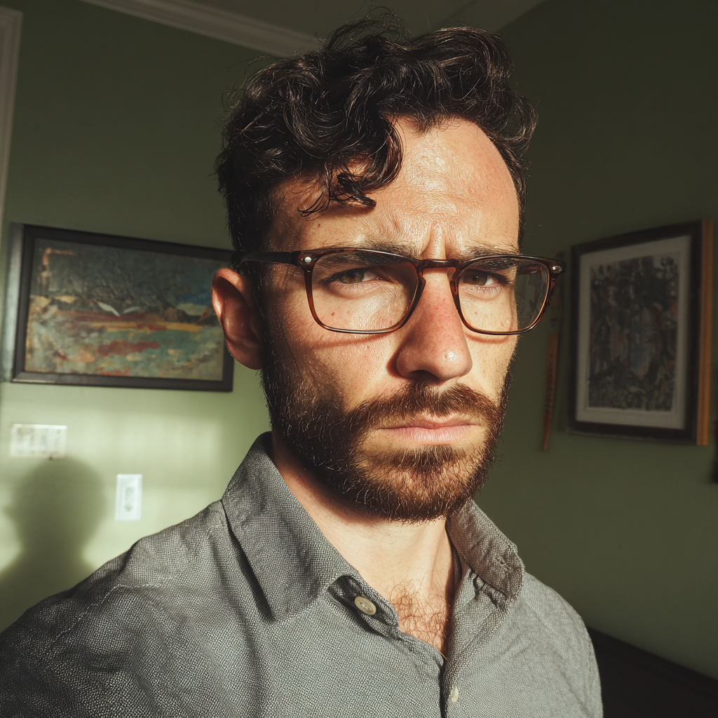 A frowning man standing in a bedroom | Source: no source