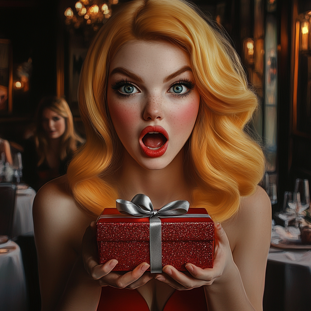 An excited woman holding a glittery gift box | Source: no source