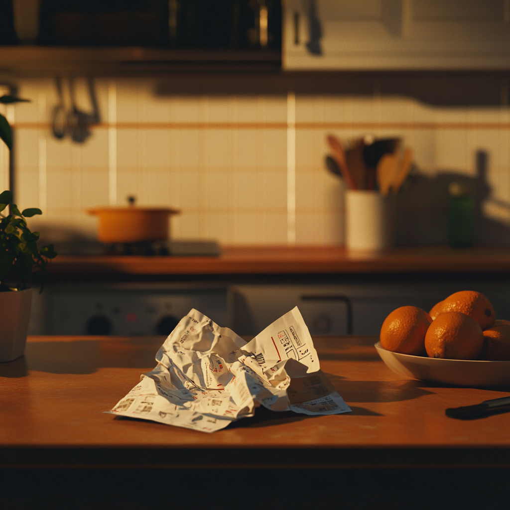 A receipt on a kitchen counter | Source:  no source