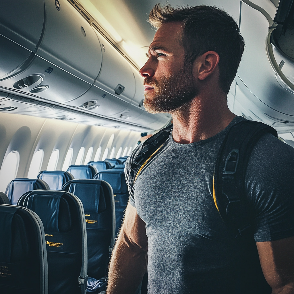A man standing in an airplane | Source: No source