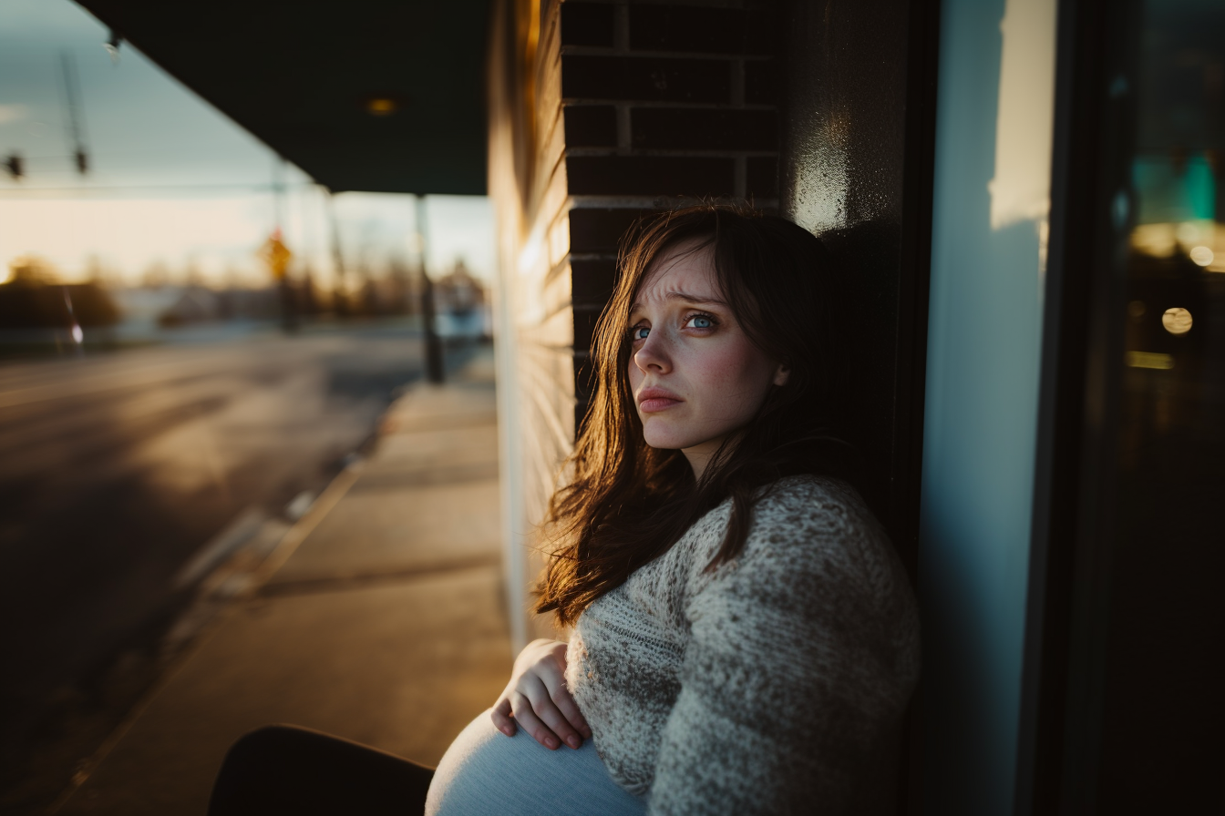Sad pregnant young woman at a bus stop | Source: No source