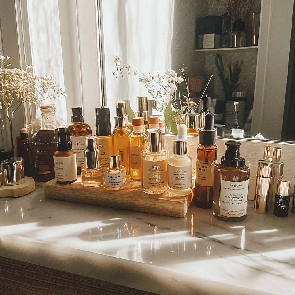 A vanity with serums and lotions | Source: No source