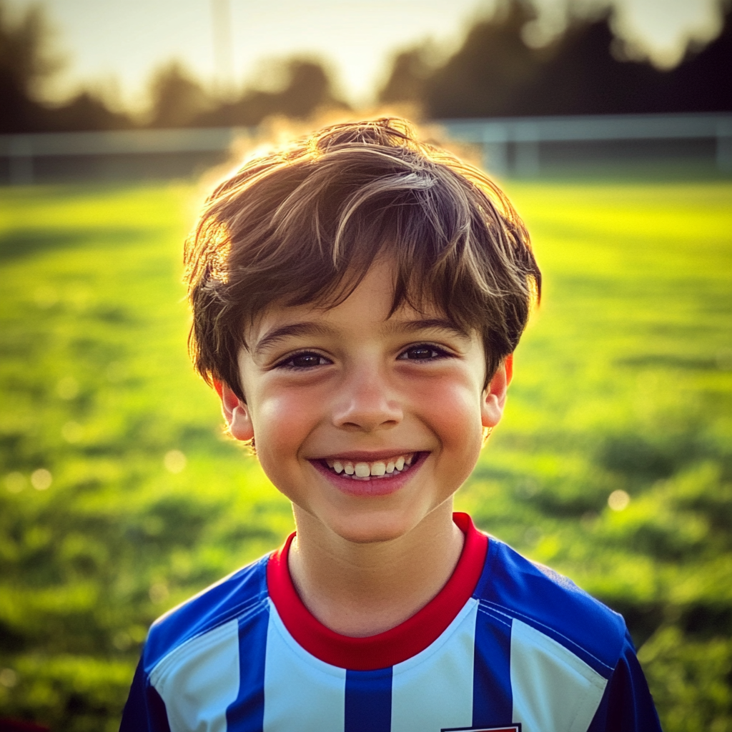 A smiling little boy wearing a soccer shirt | Source: no source