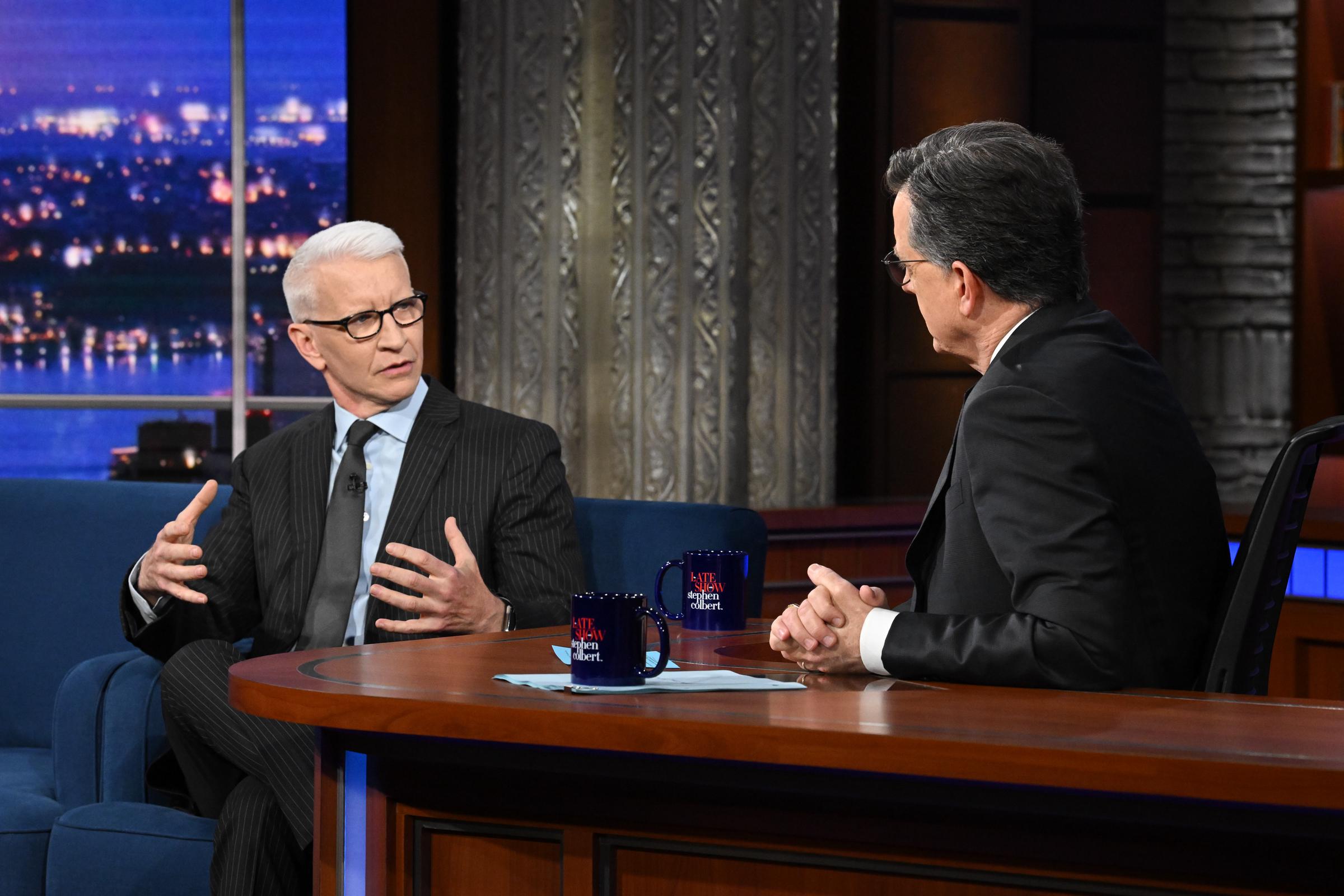 Anderson Cooper during an appearance on "The Late Show with Stephen Colbert" on April 16, 2026, in New York. | Source: Getty Images