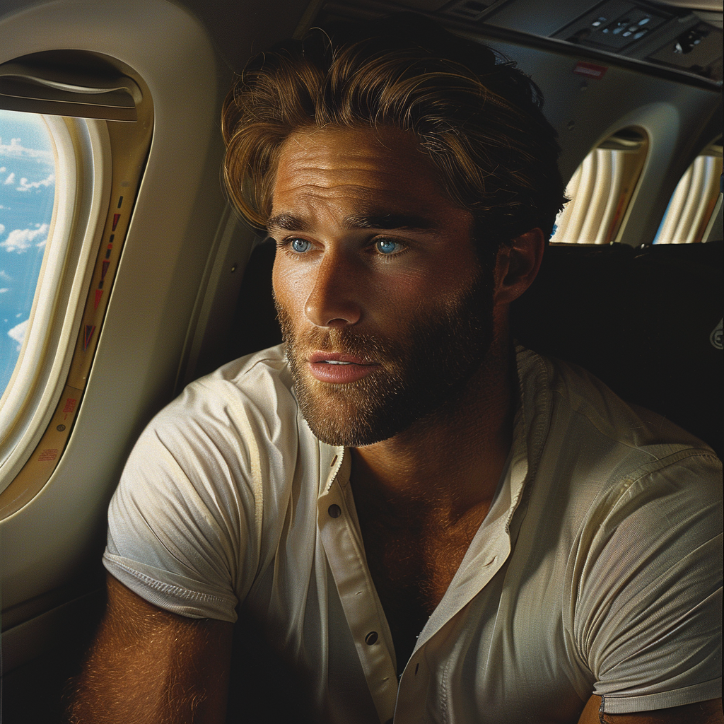 An angry young man sitting by an airplane window | Source: No source