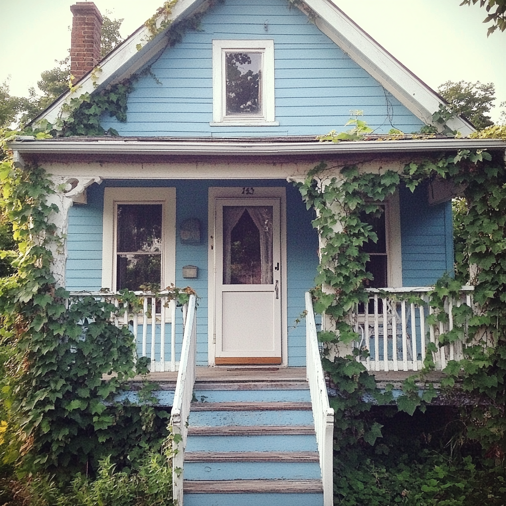 A blue cottage with ivy growing up the walls | Source: No source