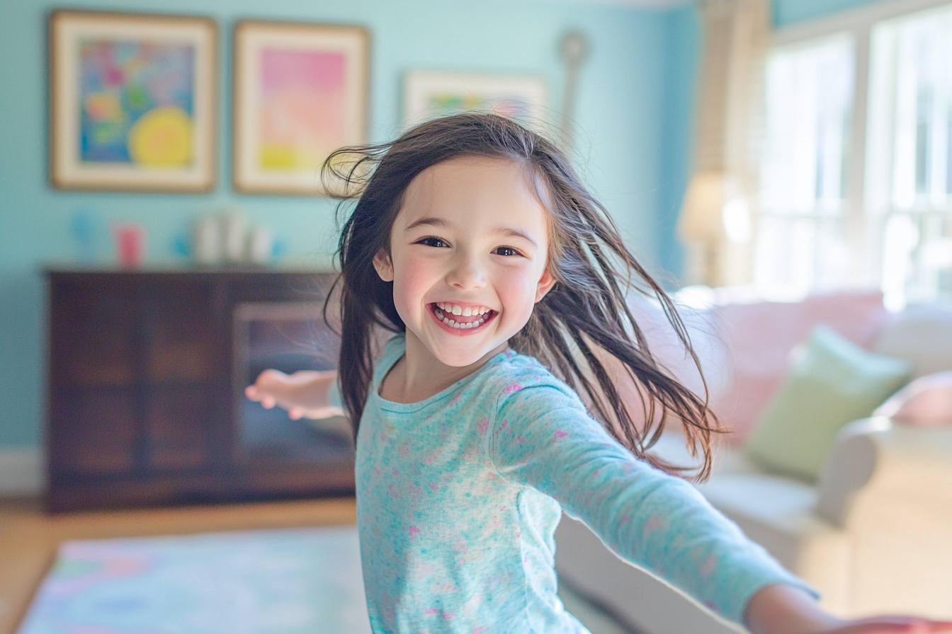 A happy girl in a living room | Source: No source