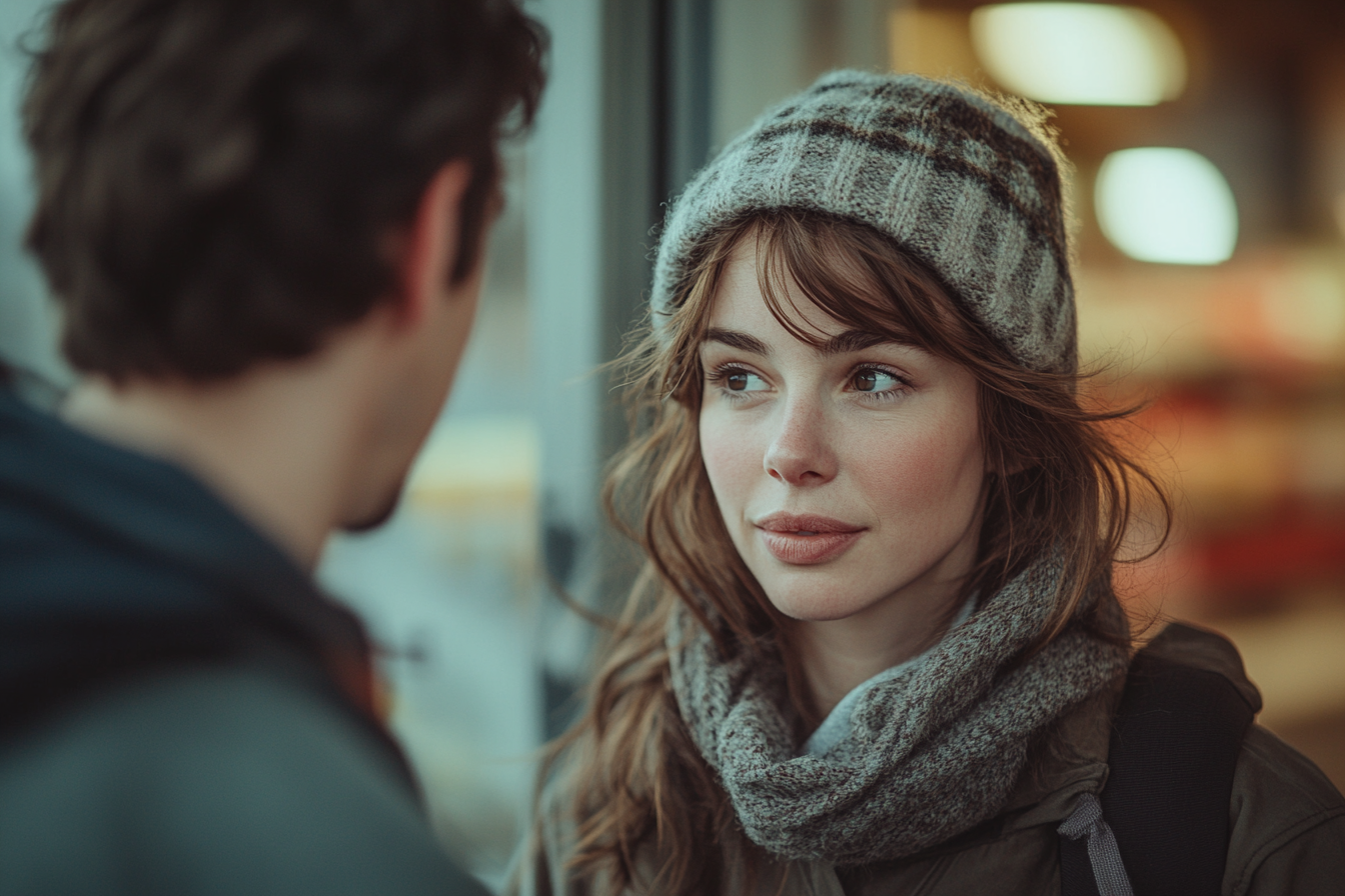 A man and a woman chatting outside a grocery store | Source: no source