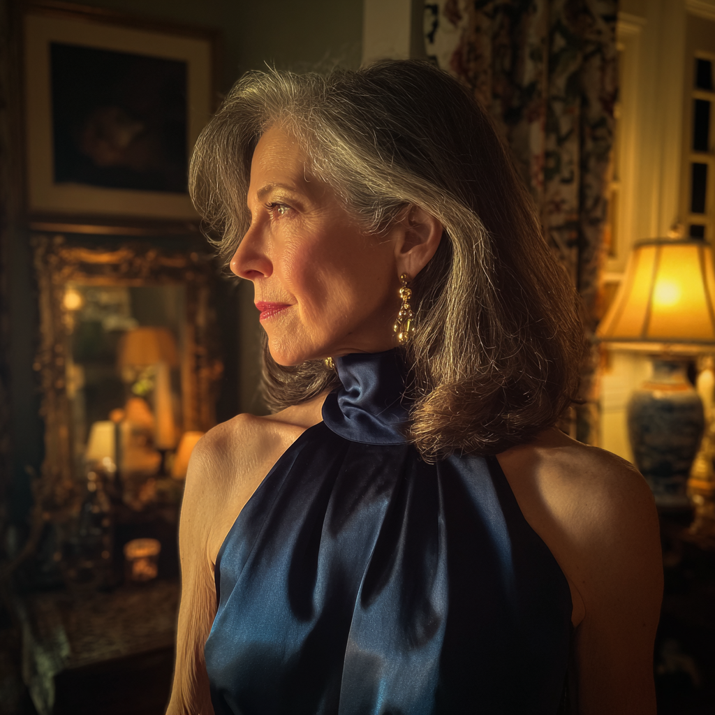 An upset older woman wearing a navy silk dress | Source: no source