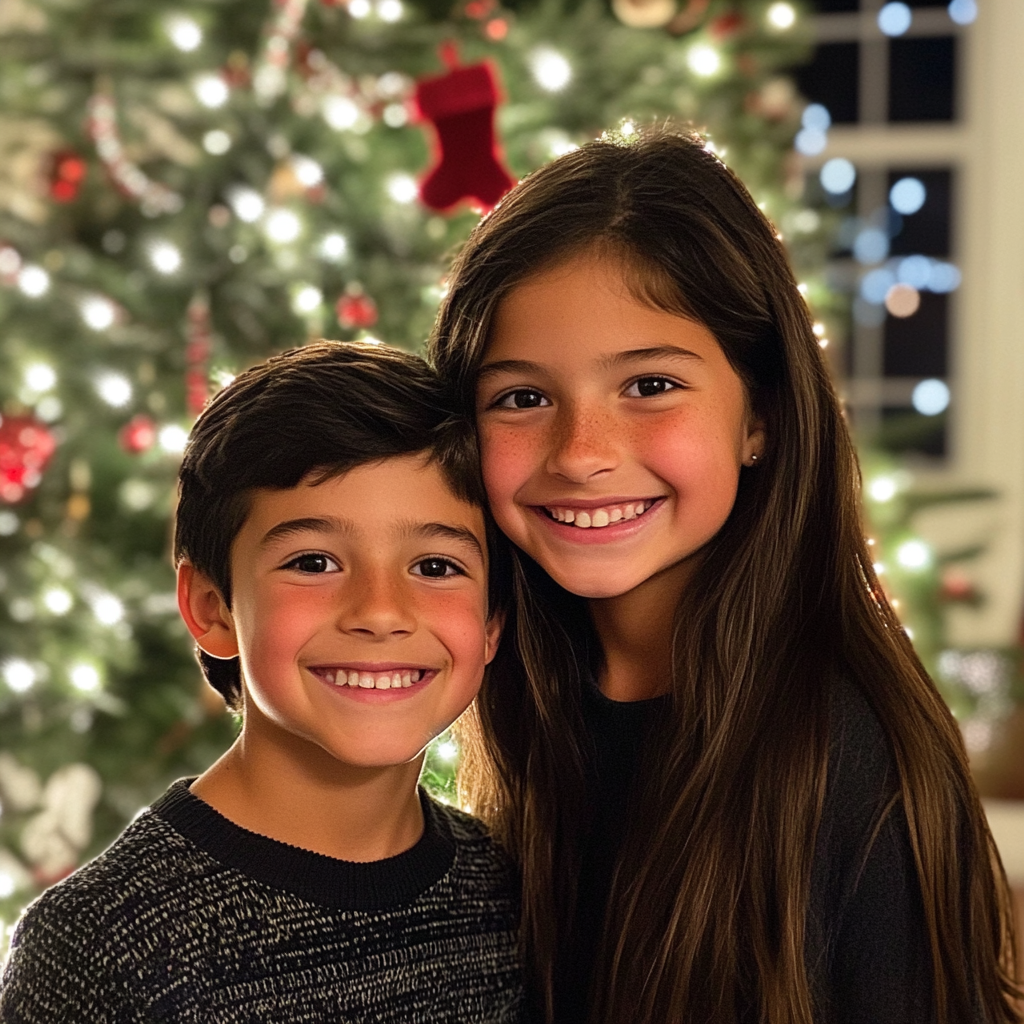 Siblings standing in front of a Christmas tree | Source: no source