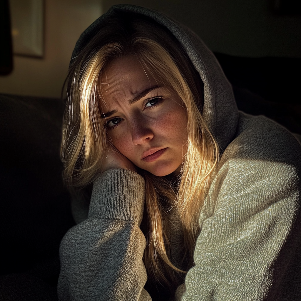 An upset woman sitting on a couch | Source: No source
