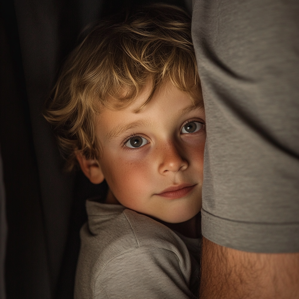 A young boy hiding behind his father | Source: No source