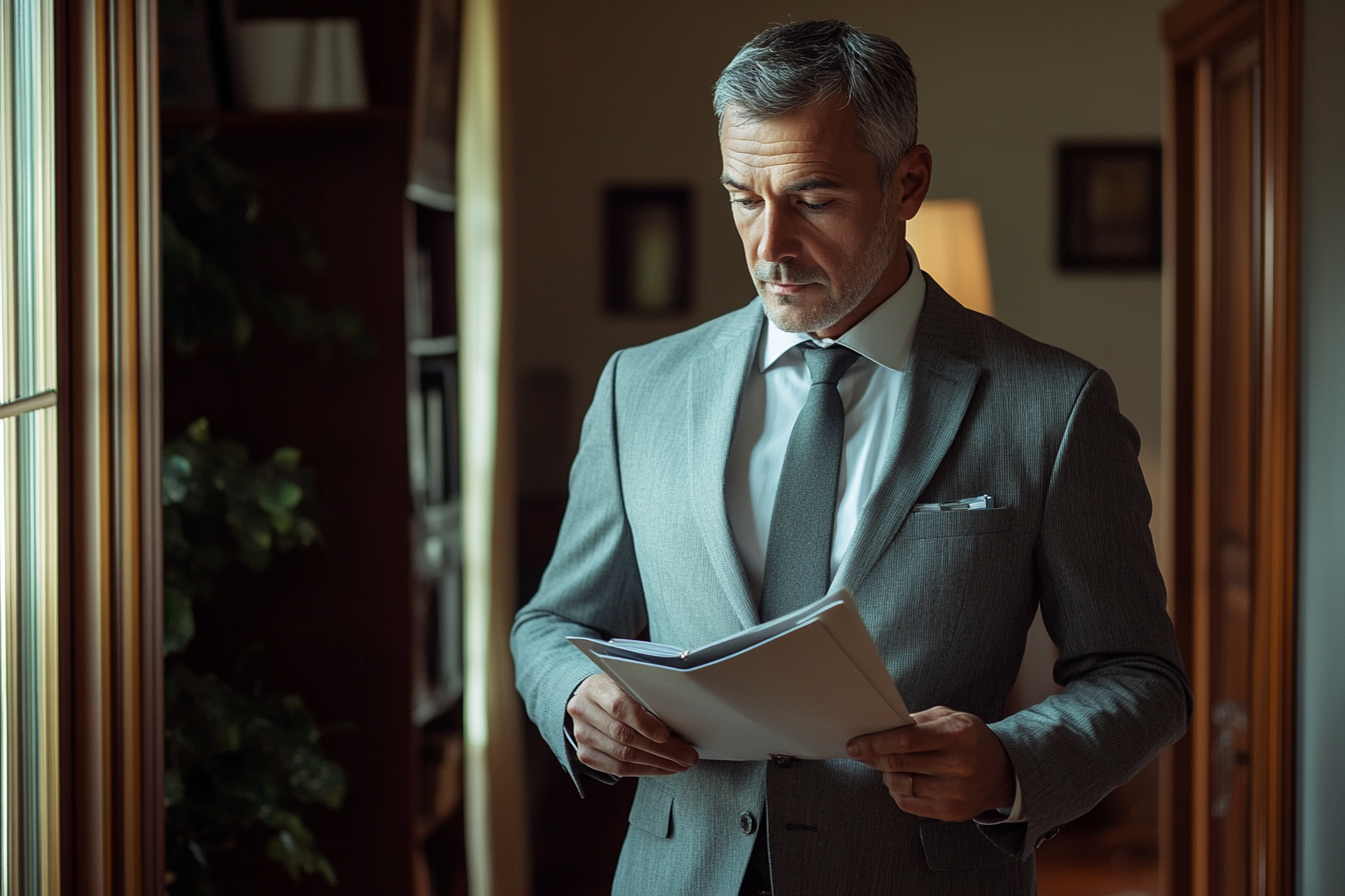 Man in a gray suit reading papers in his hands in a study | Source: no source