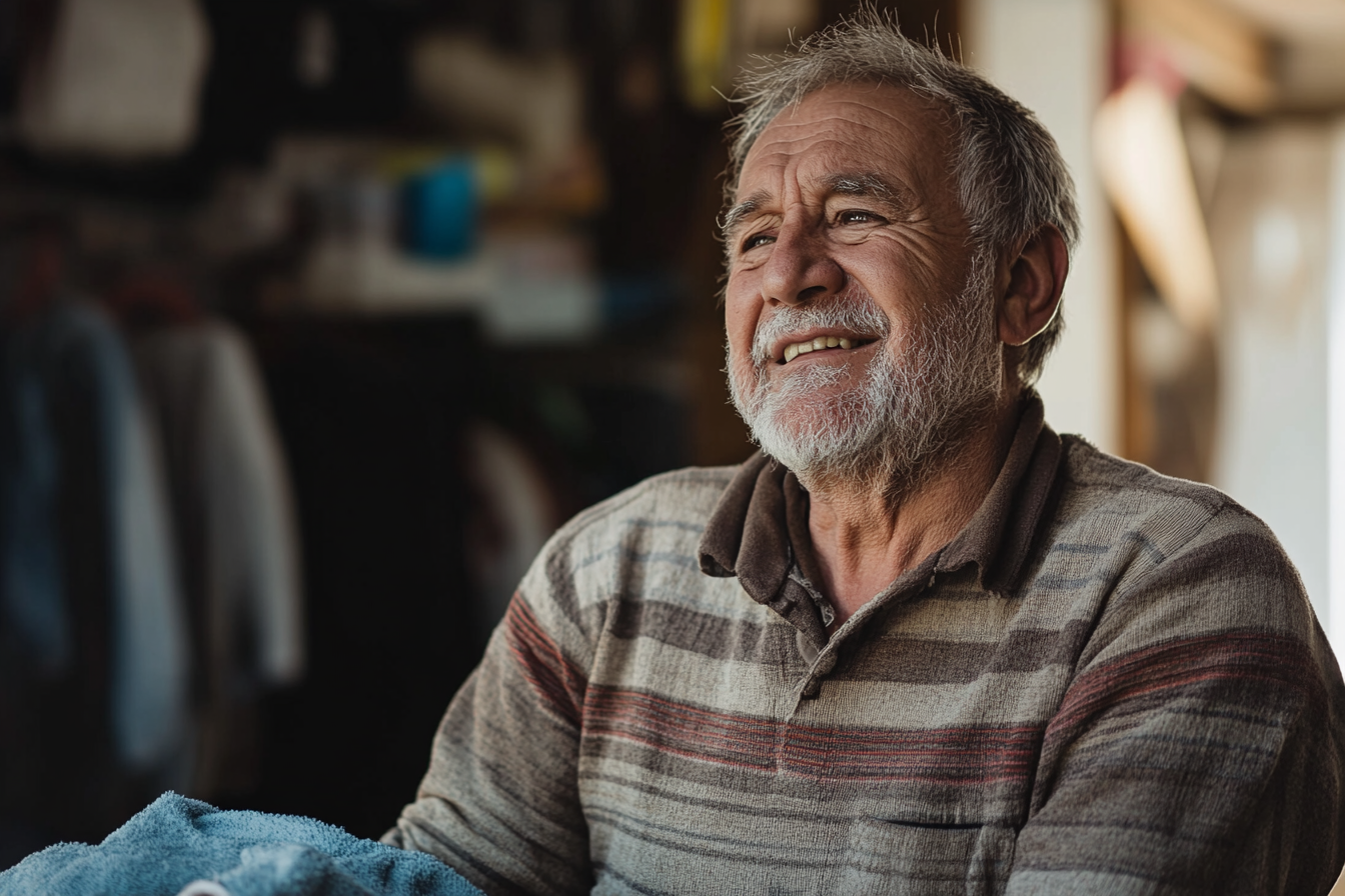 A smiling man doing laundry | Source: No source