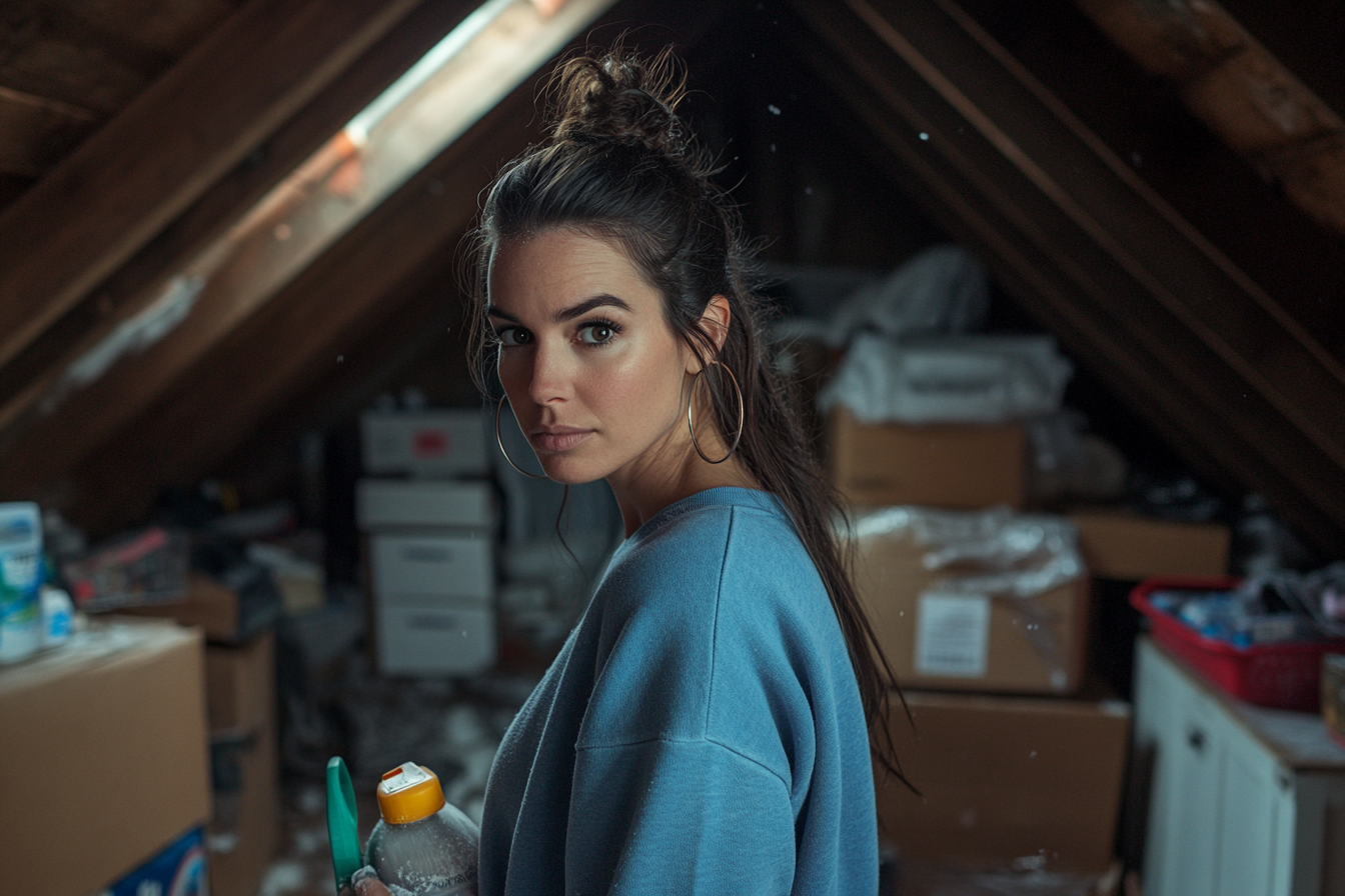 A woman in her 30s standing in a dirty attic holding cleaning supplies | Source: no source