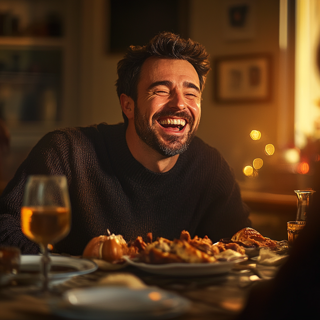 Man laughing while seated at a dinner table | Source: No source