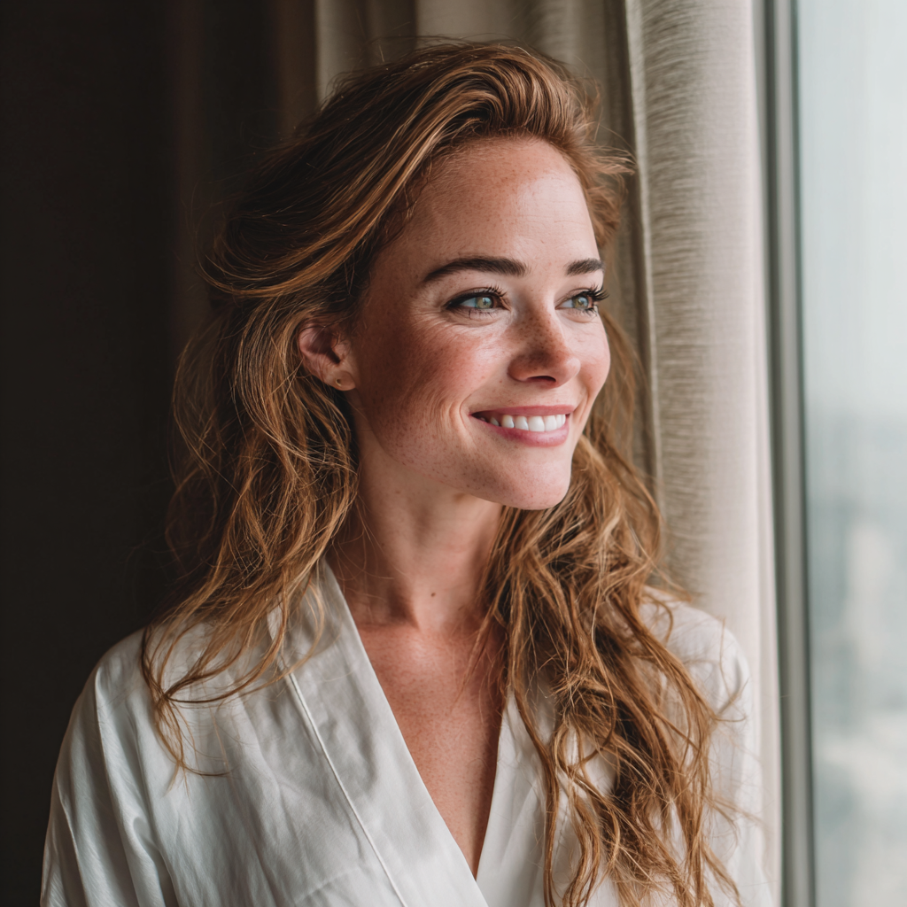 A smiling bride standing in a white dressing gown | Source: no source