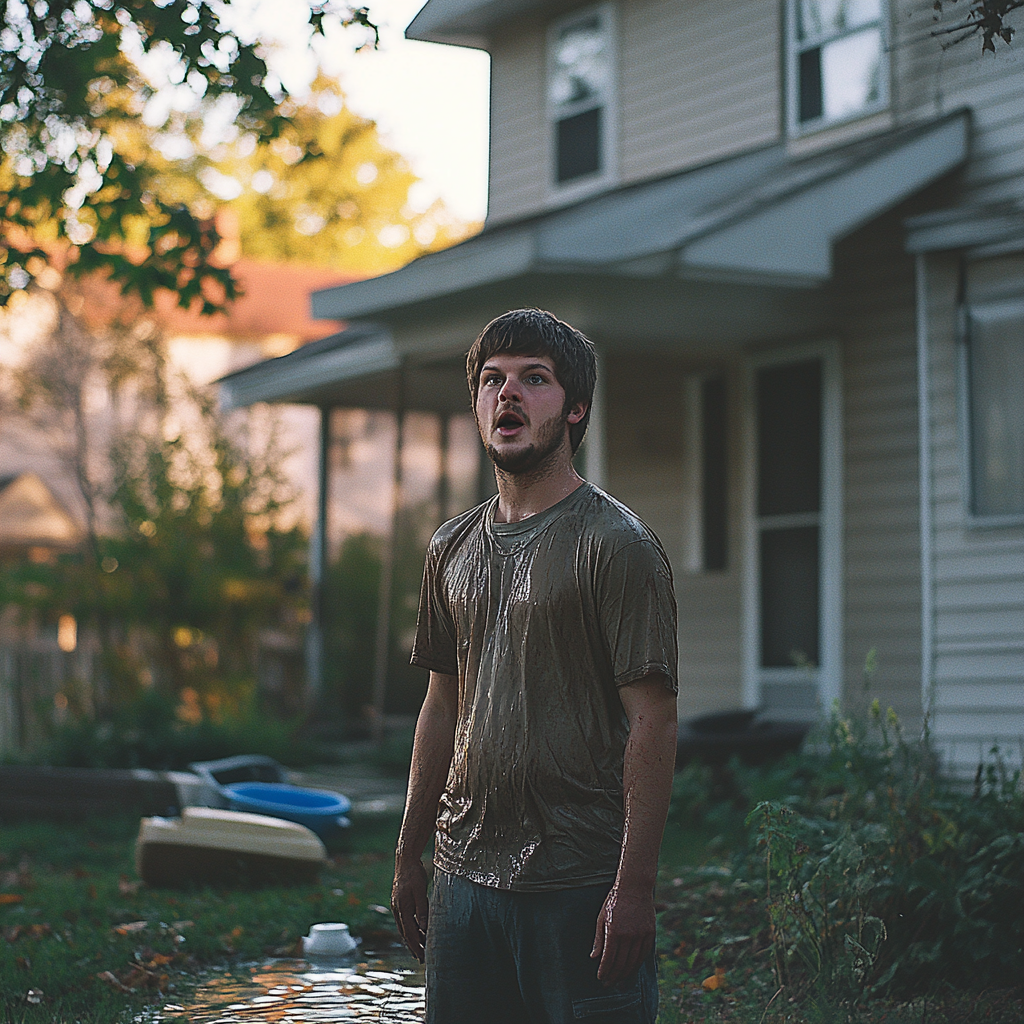 A shocked drenched man | Source: No source