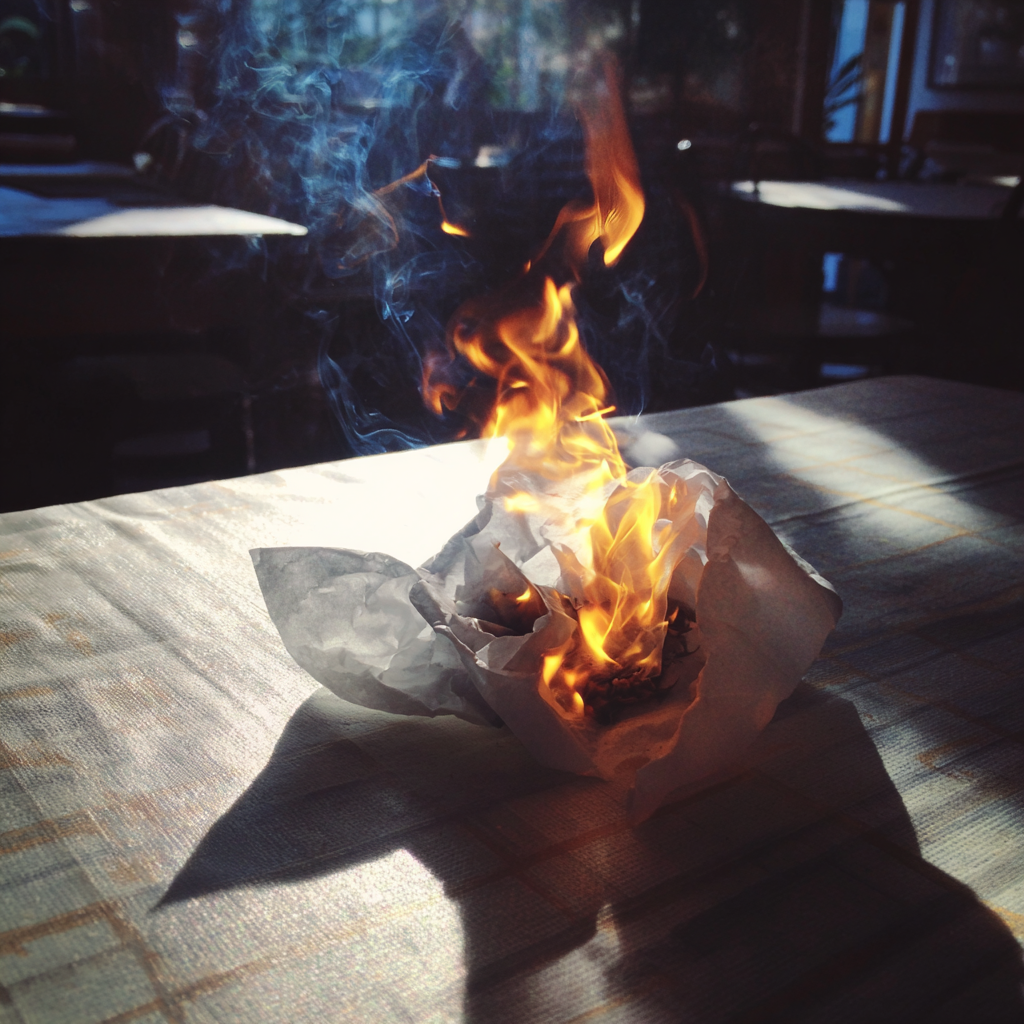 A napkin on fire | Source: No source