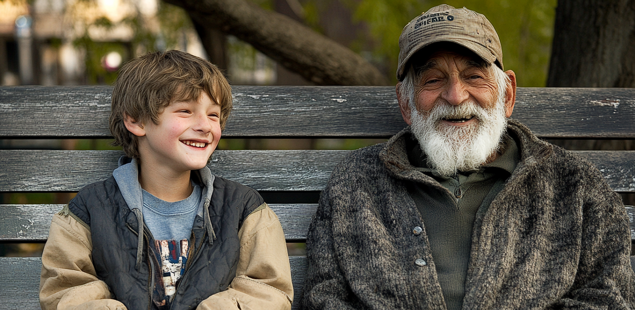 A teen boy and a homeless man on a bench | Source: No source