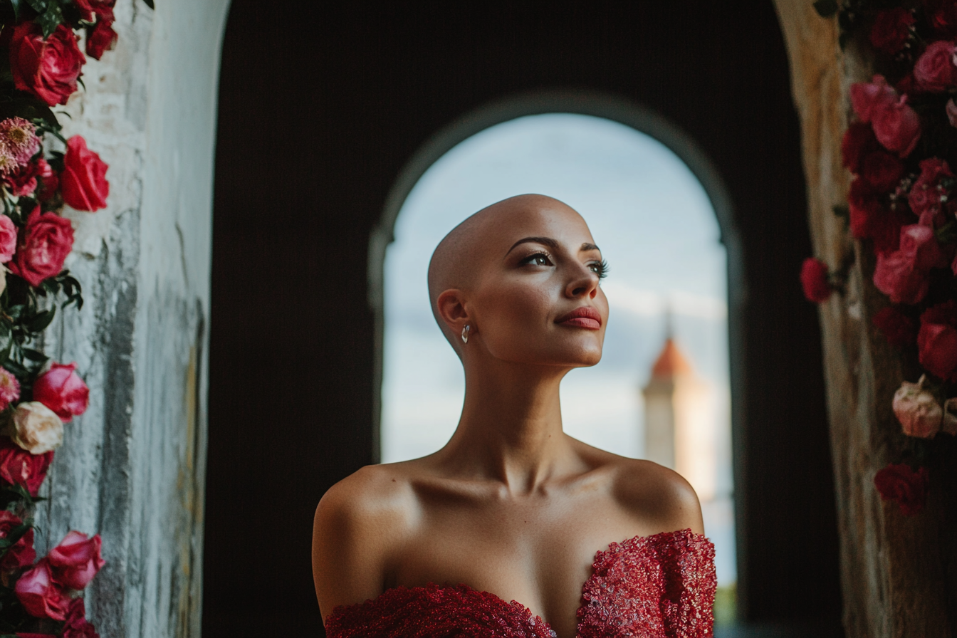 A confident bald woman wearing a red dress entering a church | Source: No source