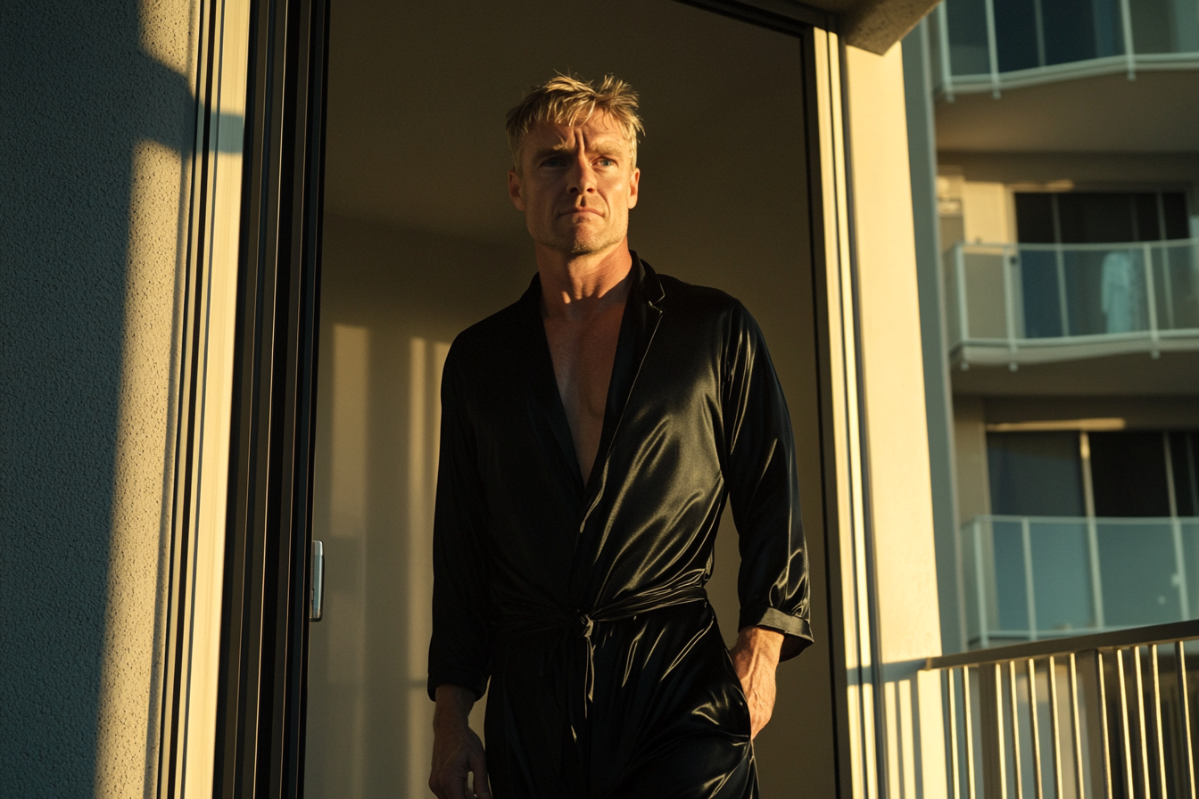 A man in black silk pajamas standing outside an apartment door, frowning in confusion | Source: no source