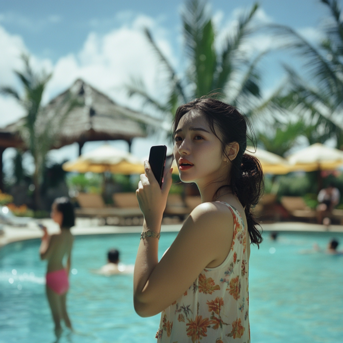 A woman talking on a mobile phone beside a resort pool | Source: No source