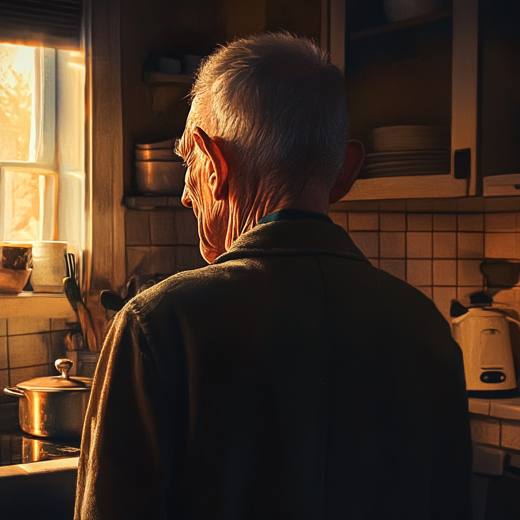 A sad older man standing in the kitchen | Source: No source